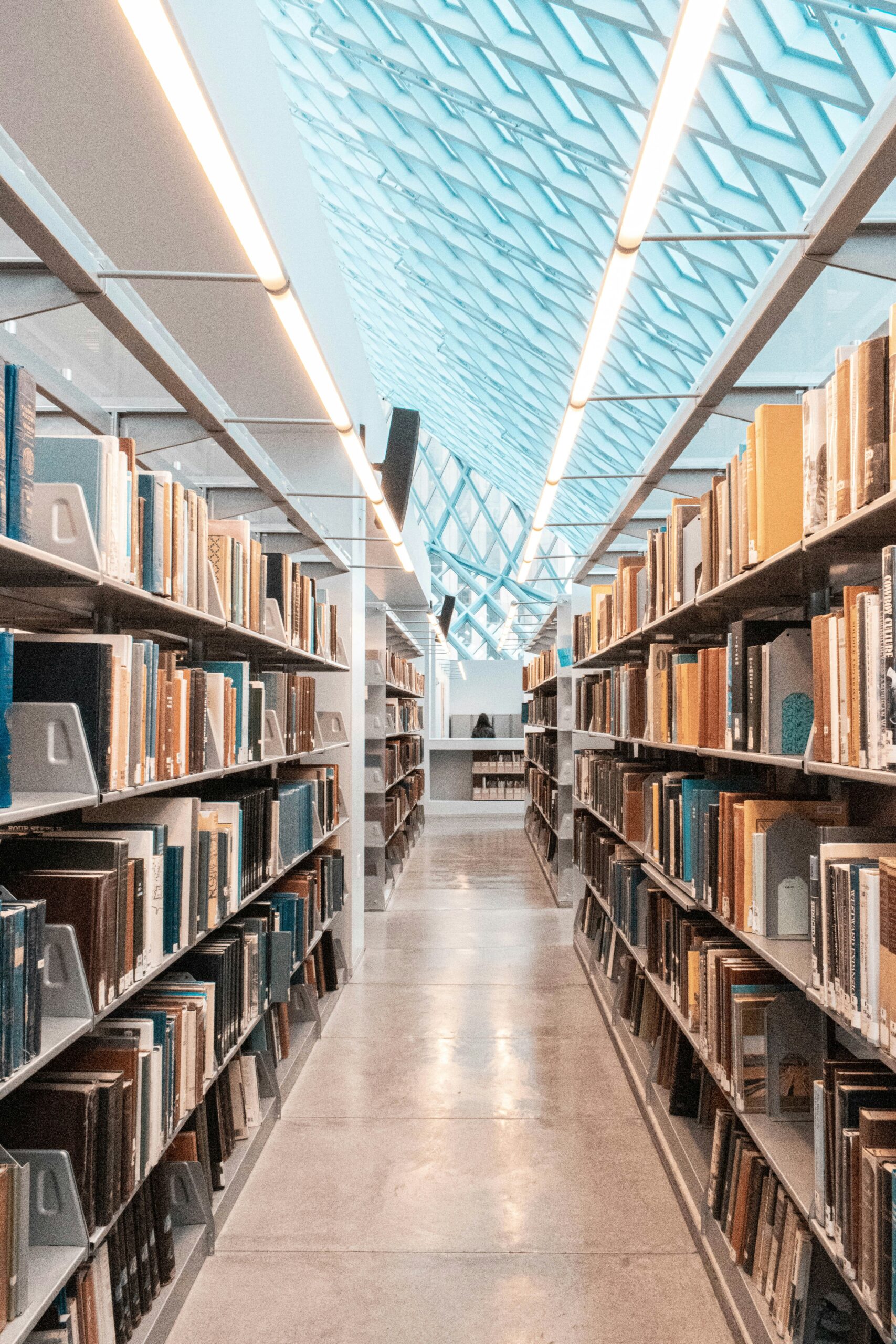 Blick in einen lichtdurchfluteten Bibliotheksgang